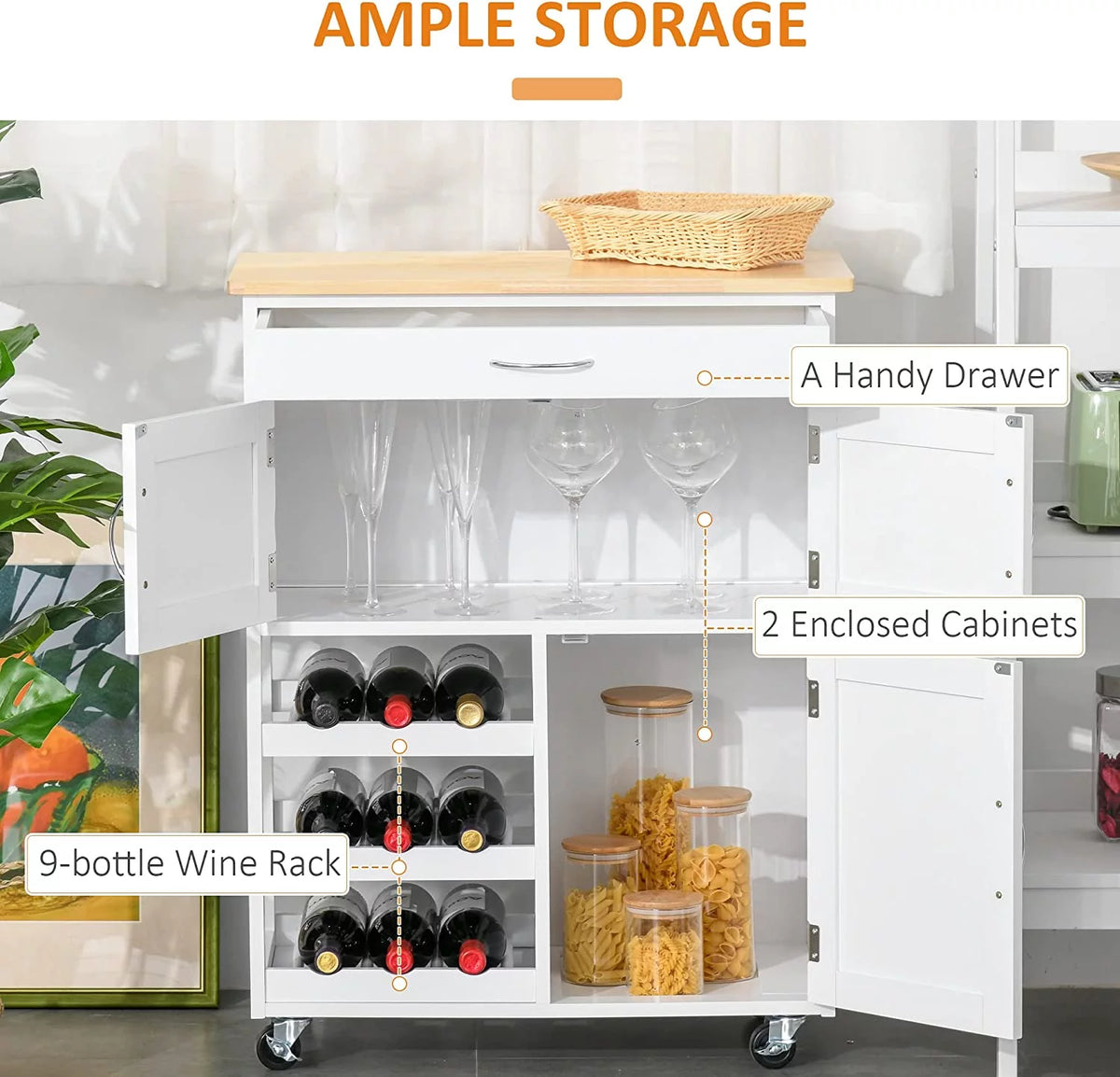 Rolling Kitchen Island with 9-Bottle Wine Rack and Drawer, White J4622
