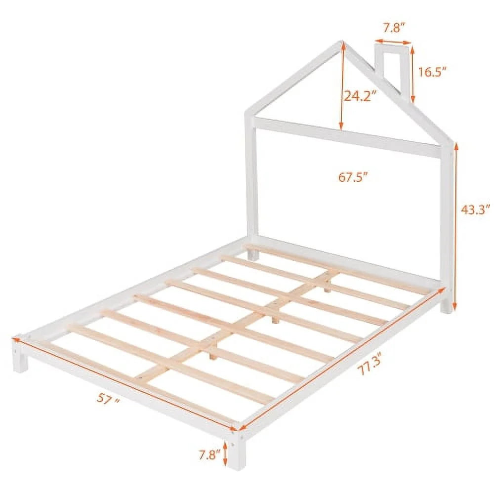 White Full Size Wood Platform Bed with House-shaped Headboard W8248