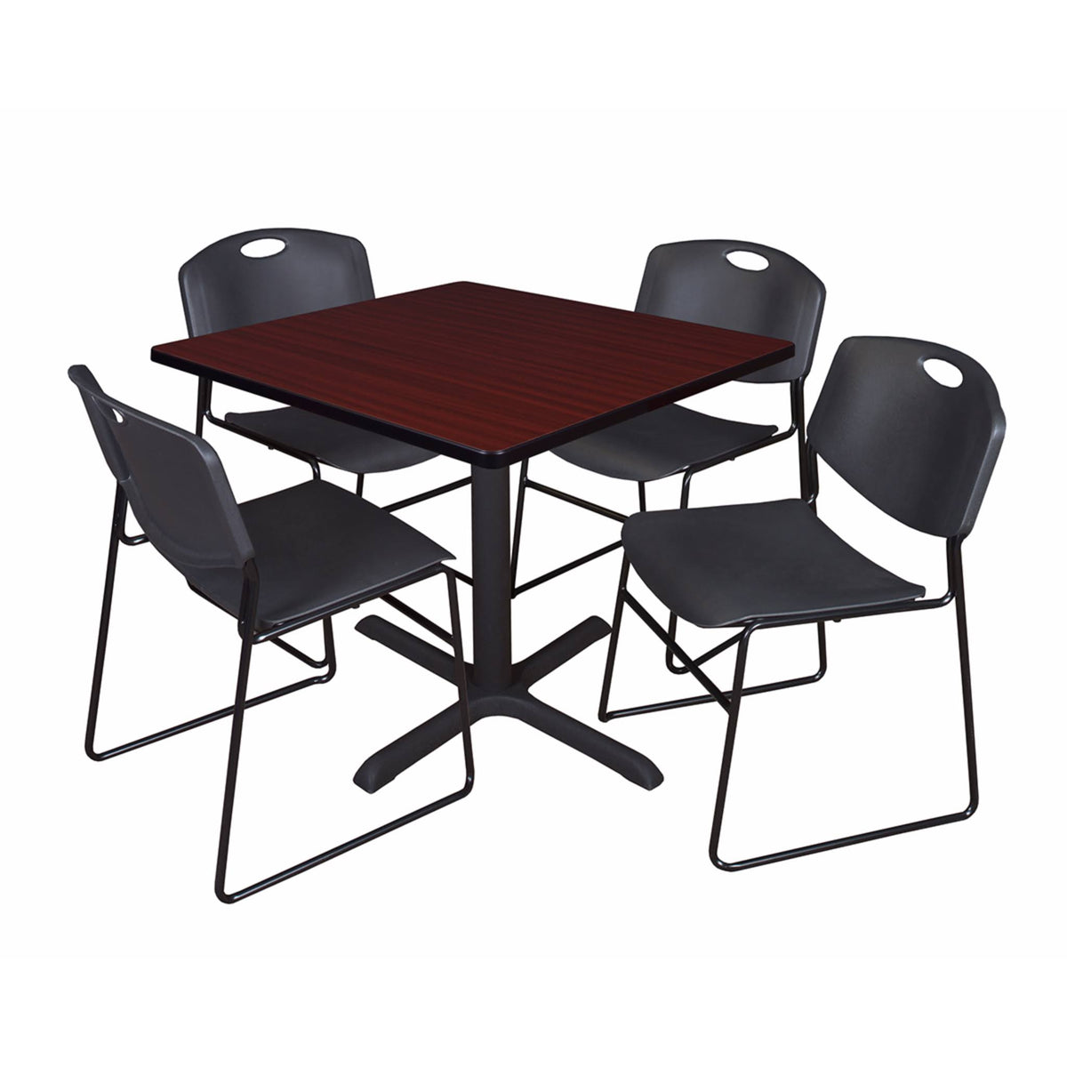 Mahogany Square Breakroom Table & 4 Black Stack Chairs O258443