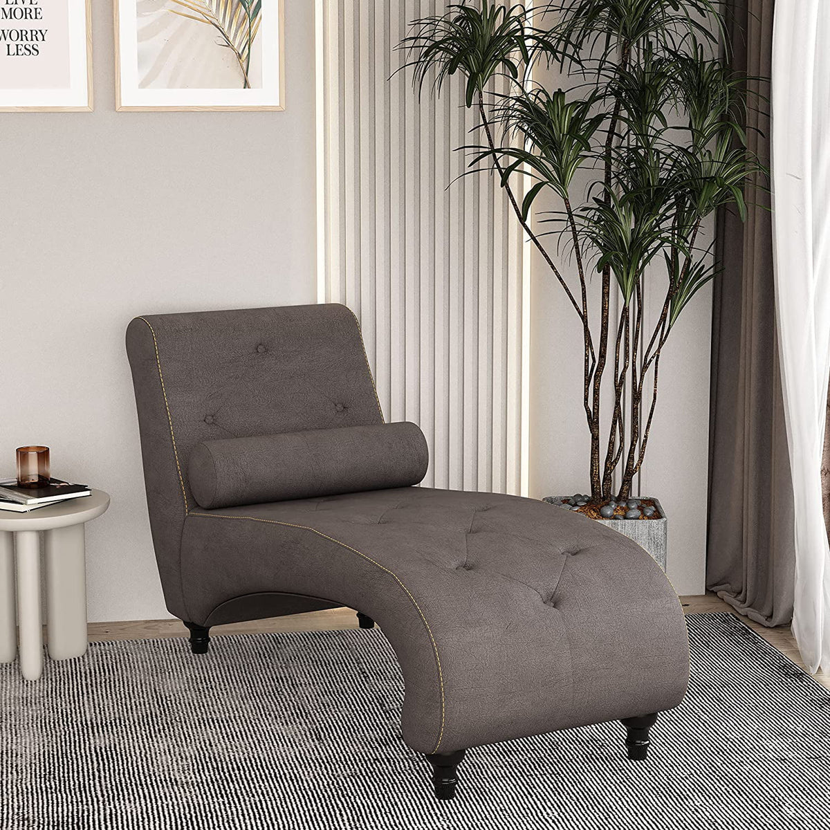 Grey Velvet Button-Tufted Chaise Lounge Chair with Bolster Pillow H39685