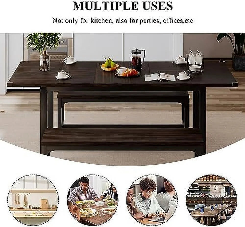 3-Piece Extendable Dining Table Set with 2 Benches T453773