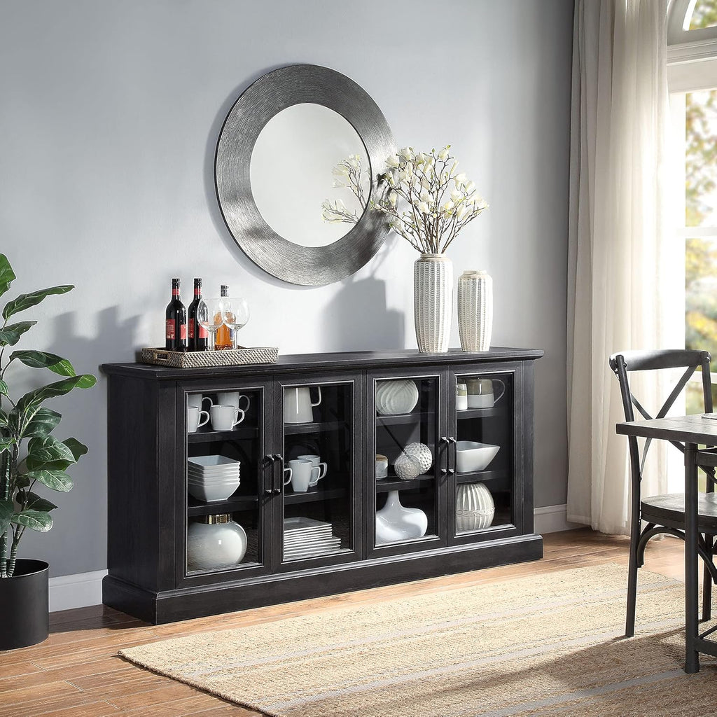 Rustic Grey Wood Sideboard Buffet with Storage Cabinet, Glass Doors, and Adjustable Shelves A6020