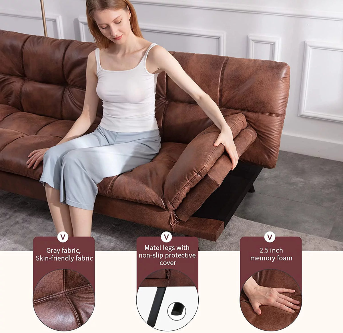 Leather Convertible Memory Foam Futon Sofa Bed with Mattress Q880612