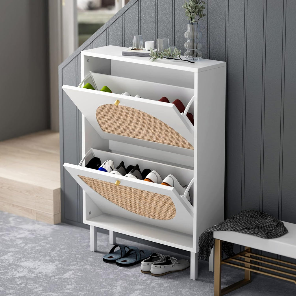 White 2-Drawer Shoe Cabinet with Rattan Doors Z2457