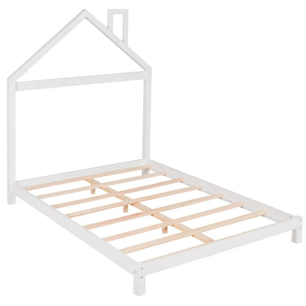 White Full Size Wood Platform Bed with House-shaped Headboard W8248