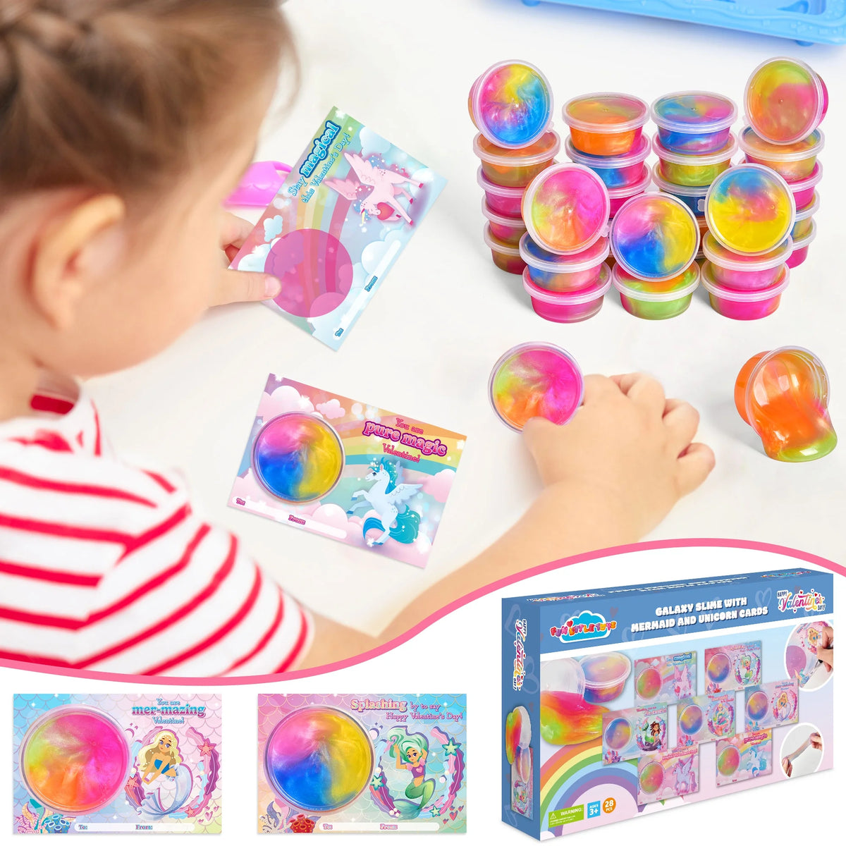 28Pcs Valentine Galaxy Slime with Mermaid and Unicorn Cards R115337