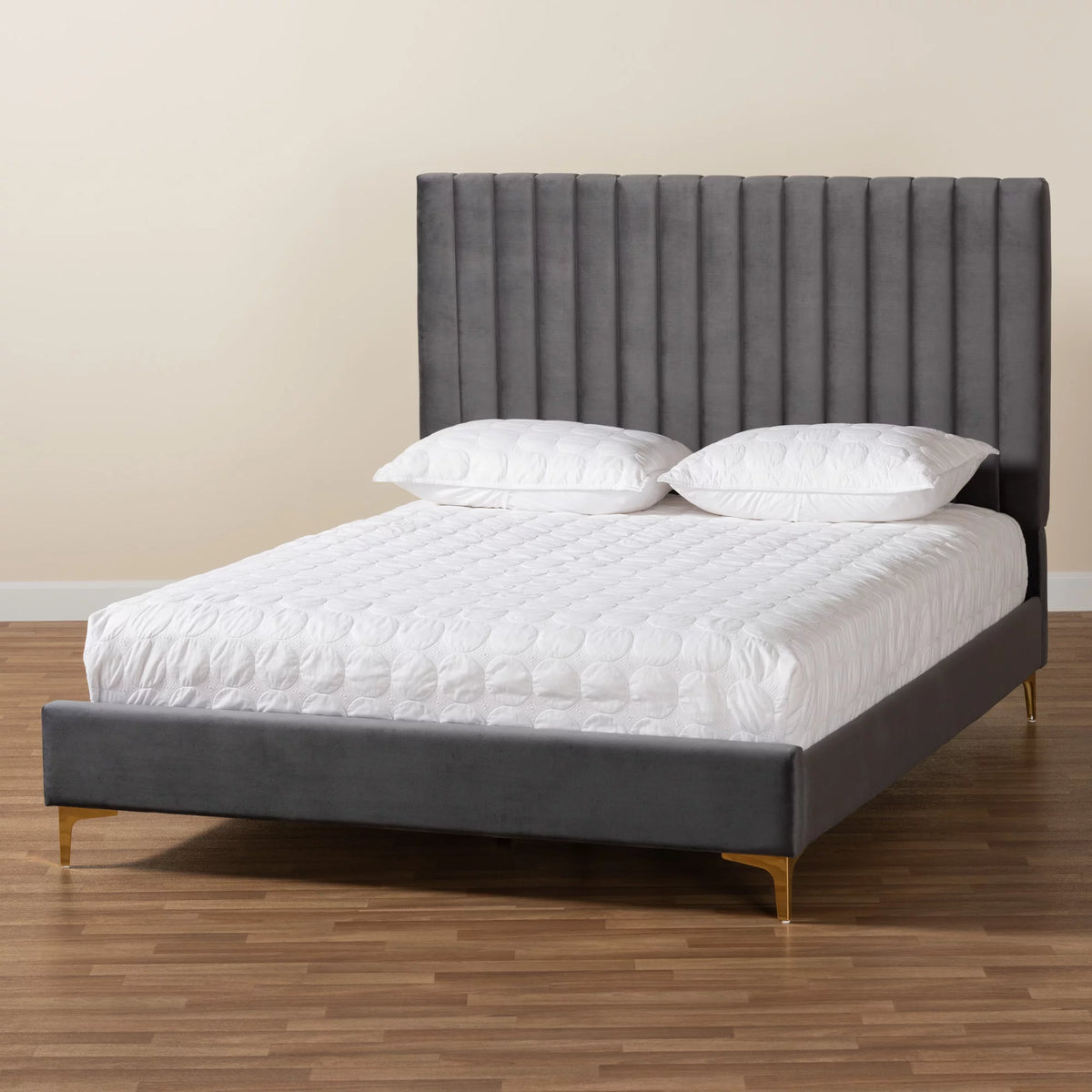 Grey Velvet Gold Metal Queen Size Platform Bed K64259
