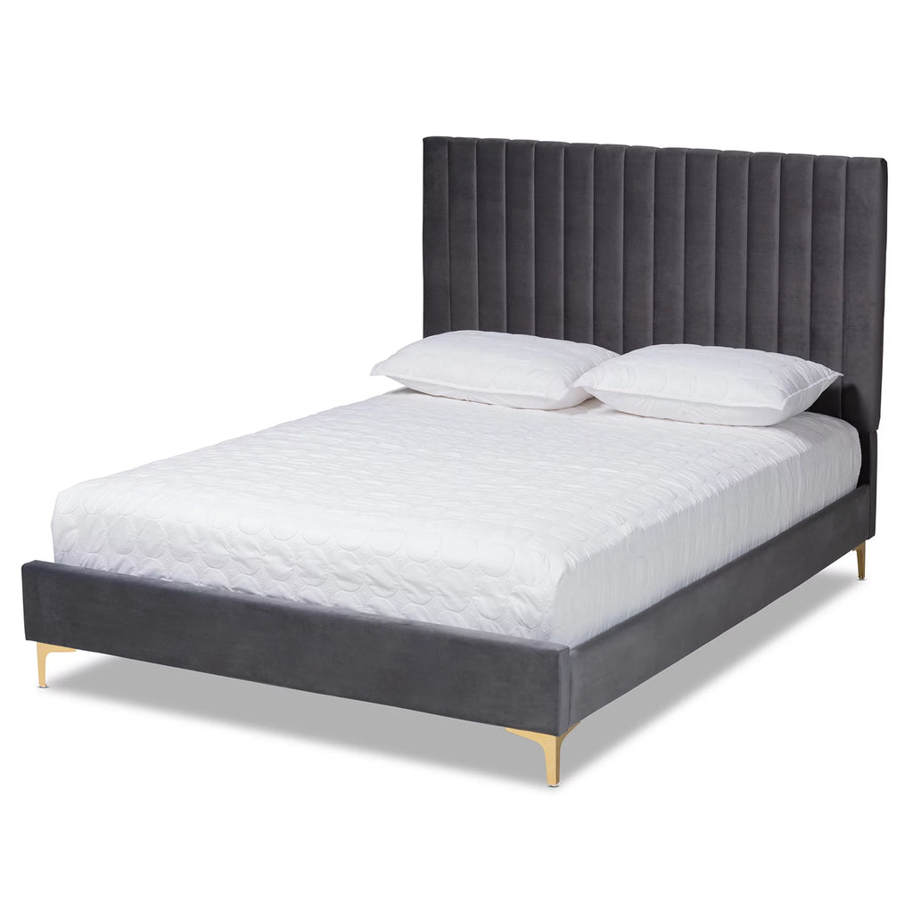 Grey Velvet Gold Metal Queen Size Platform Bed K64259
