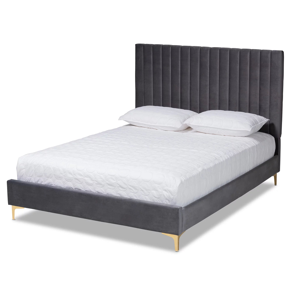 Grey Velvet Gold Metal Queen Size Platform Bed K64259