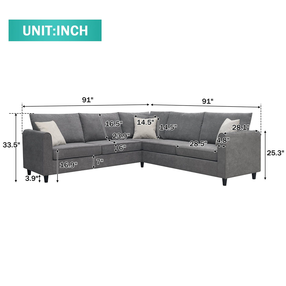 Gray Upholstered Sectional Sofa U3258