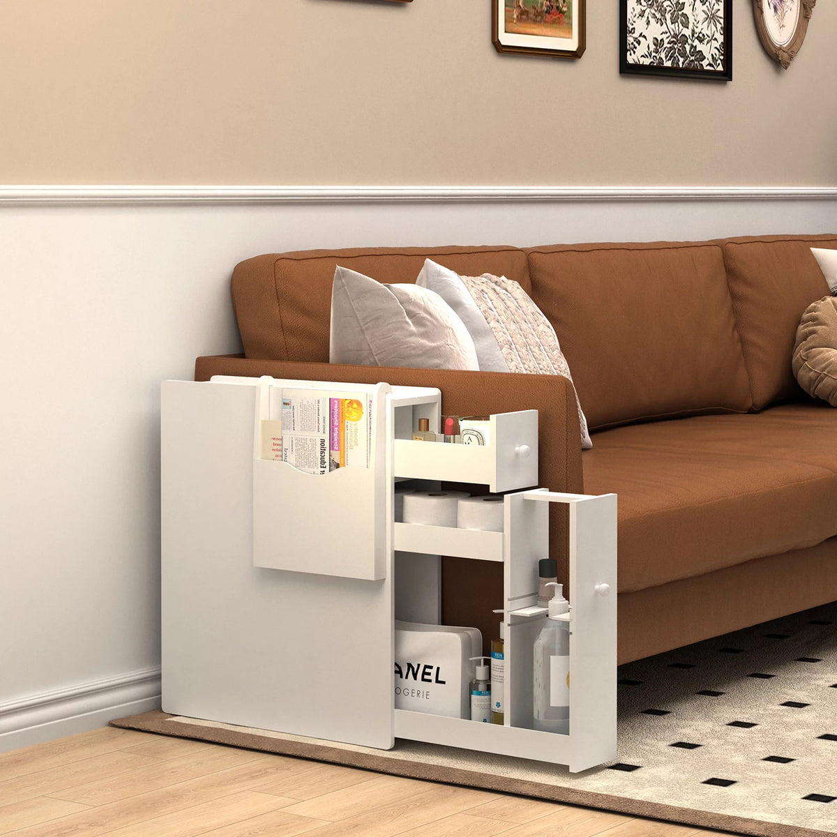 White Wood Slim Bathroom Storage Cabinet with Drawer U354