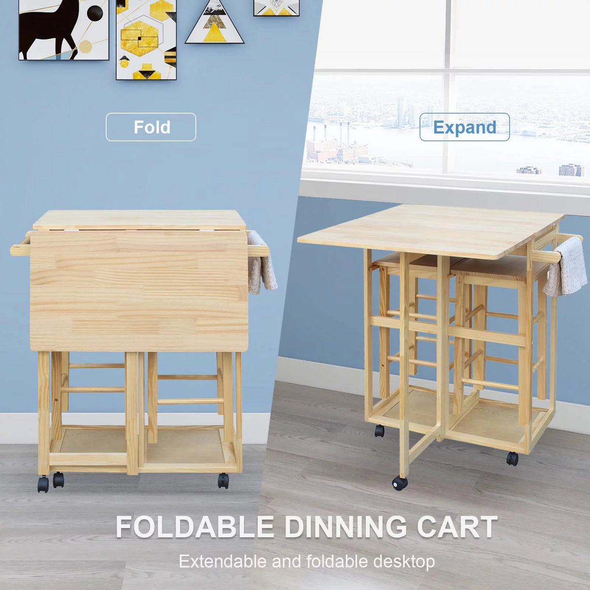 Drop Leaf Table, Rolling Kitchen Tables, Dining Table Set for 2, Natural V476981