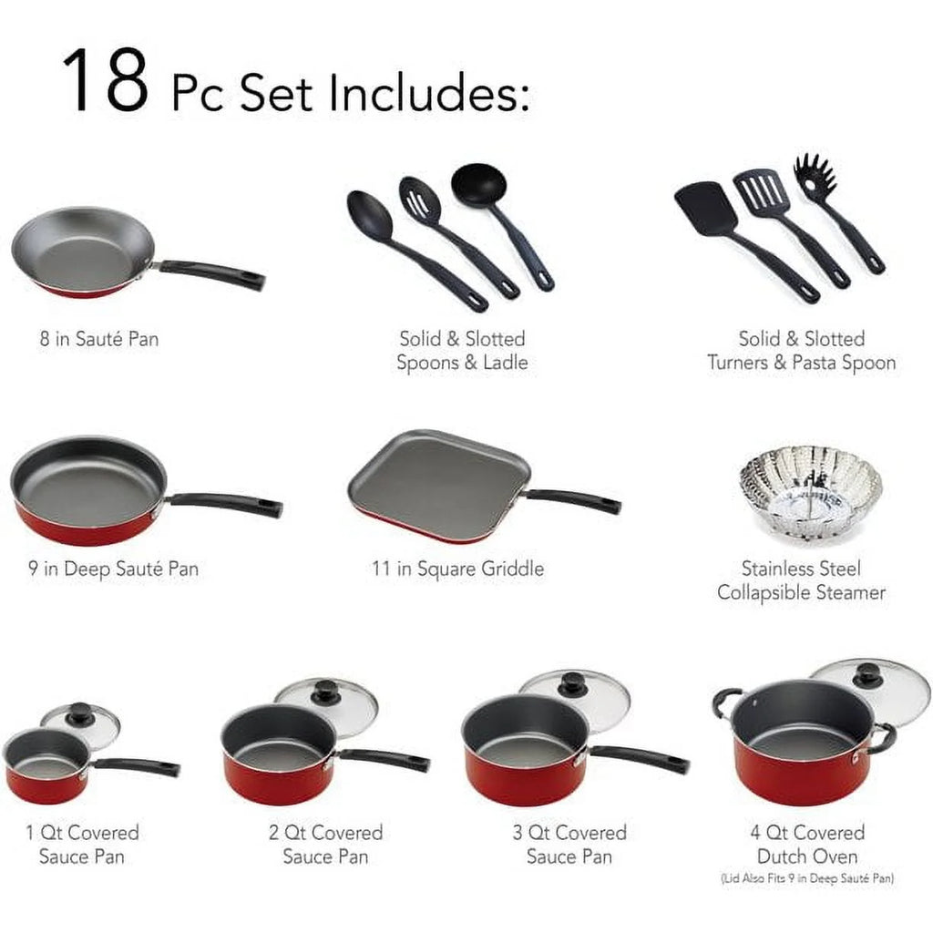 18 Pieces Non-stick Cookware Set, Red E81586