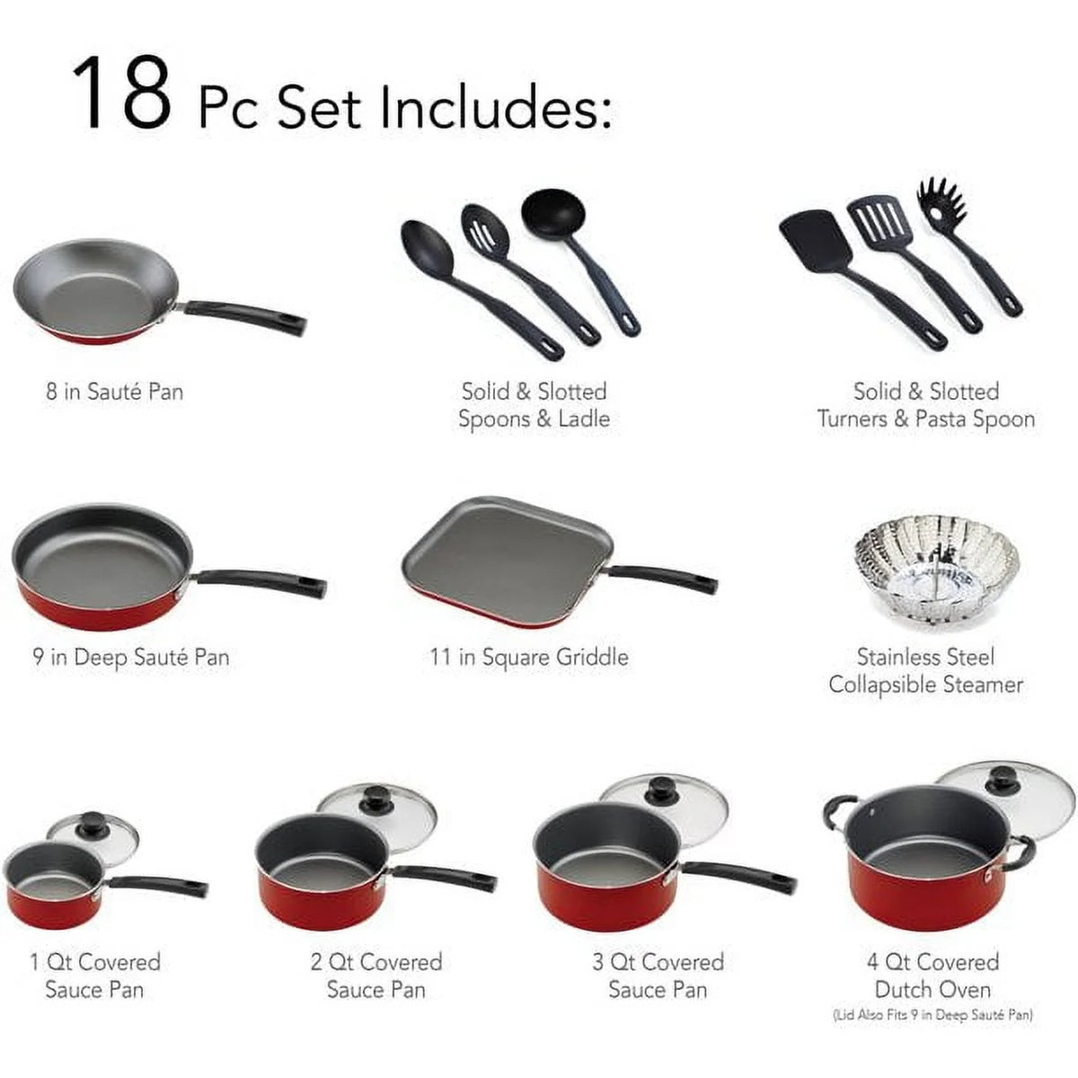 18 Pieces Non-stick Cookware Set, Red E81586