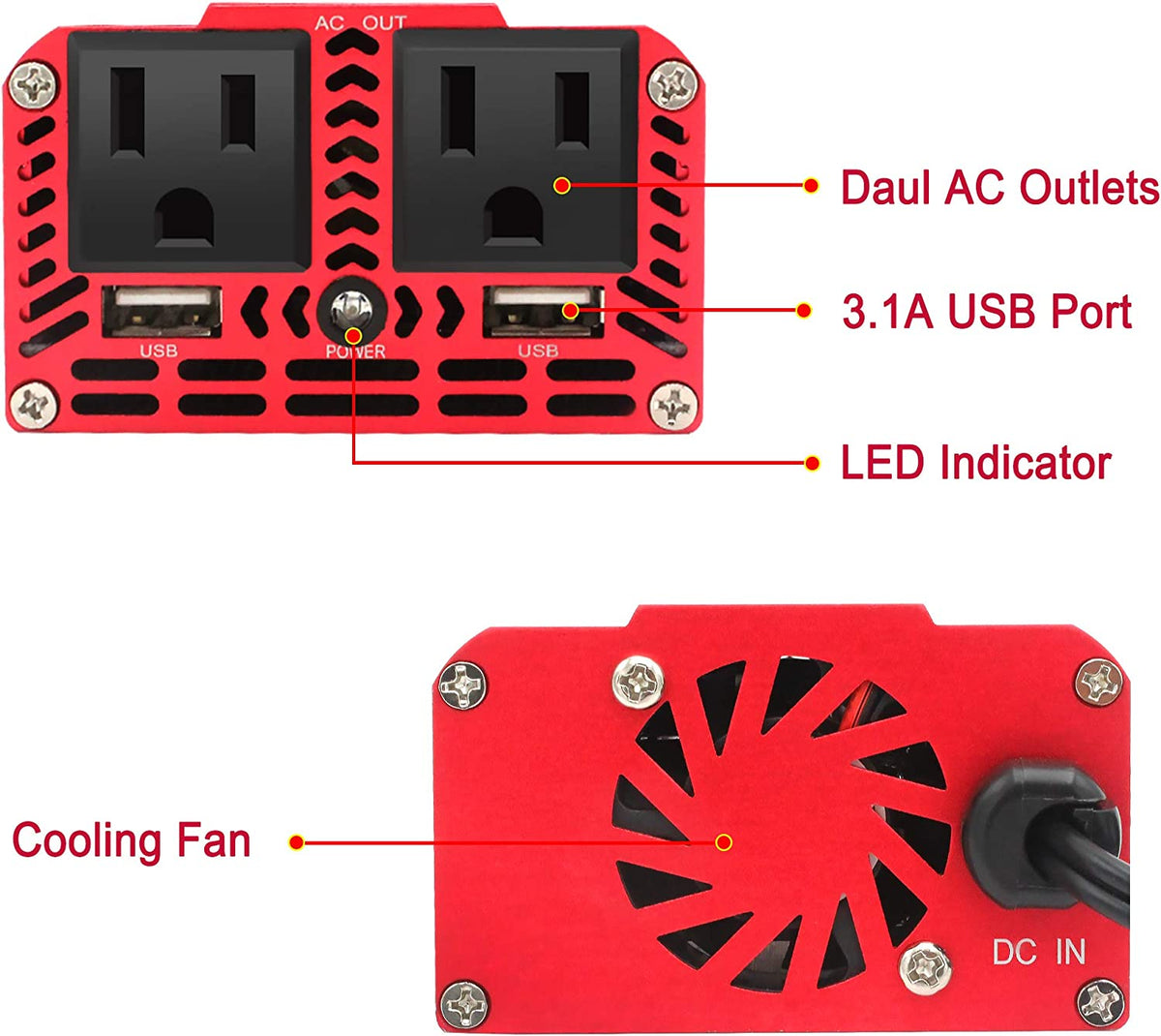 300W Power Inverter DC 12V to 110V AC with 3.1A Dual USB Charger Y22848