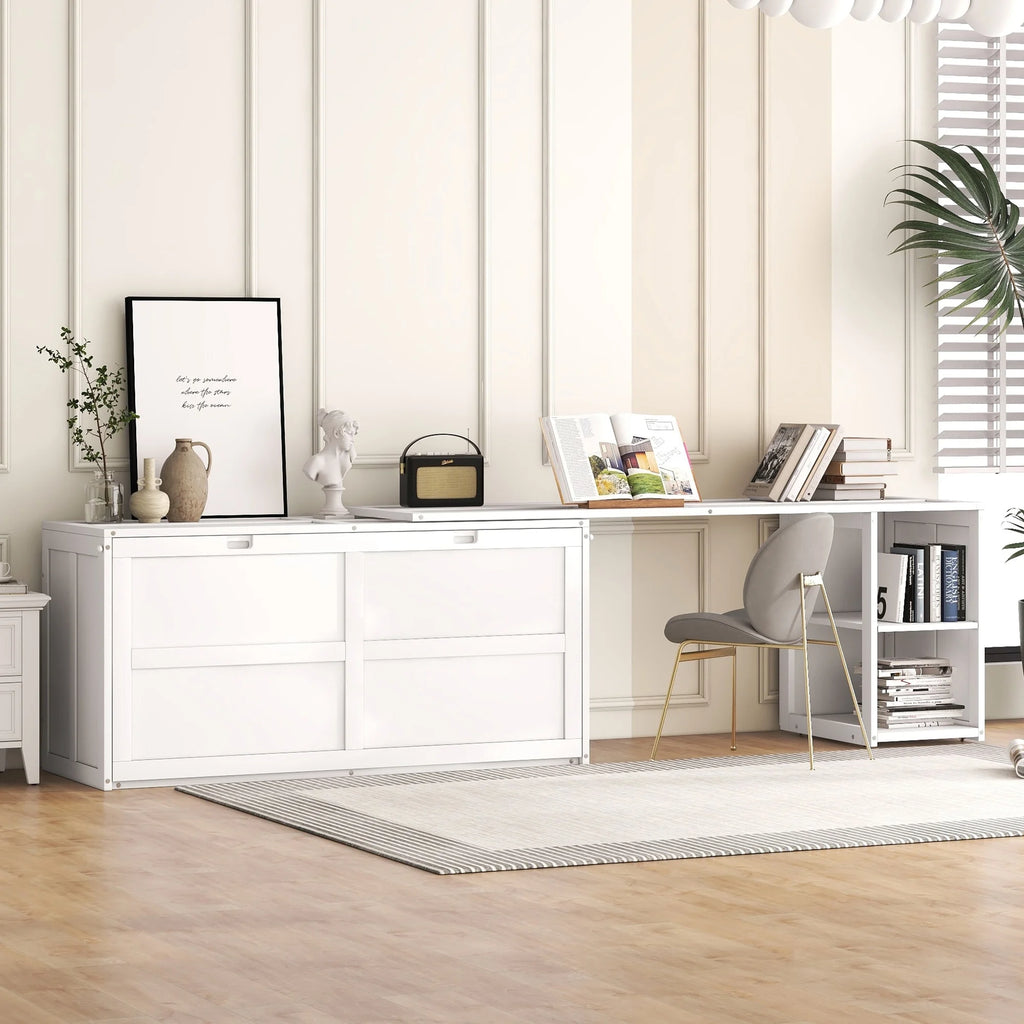 White Queen Size Solid Pine Wood Murphy Bed with Desk and Storage Shelves L4324