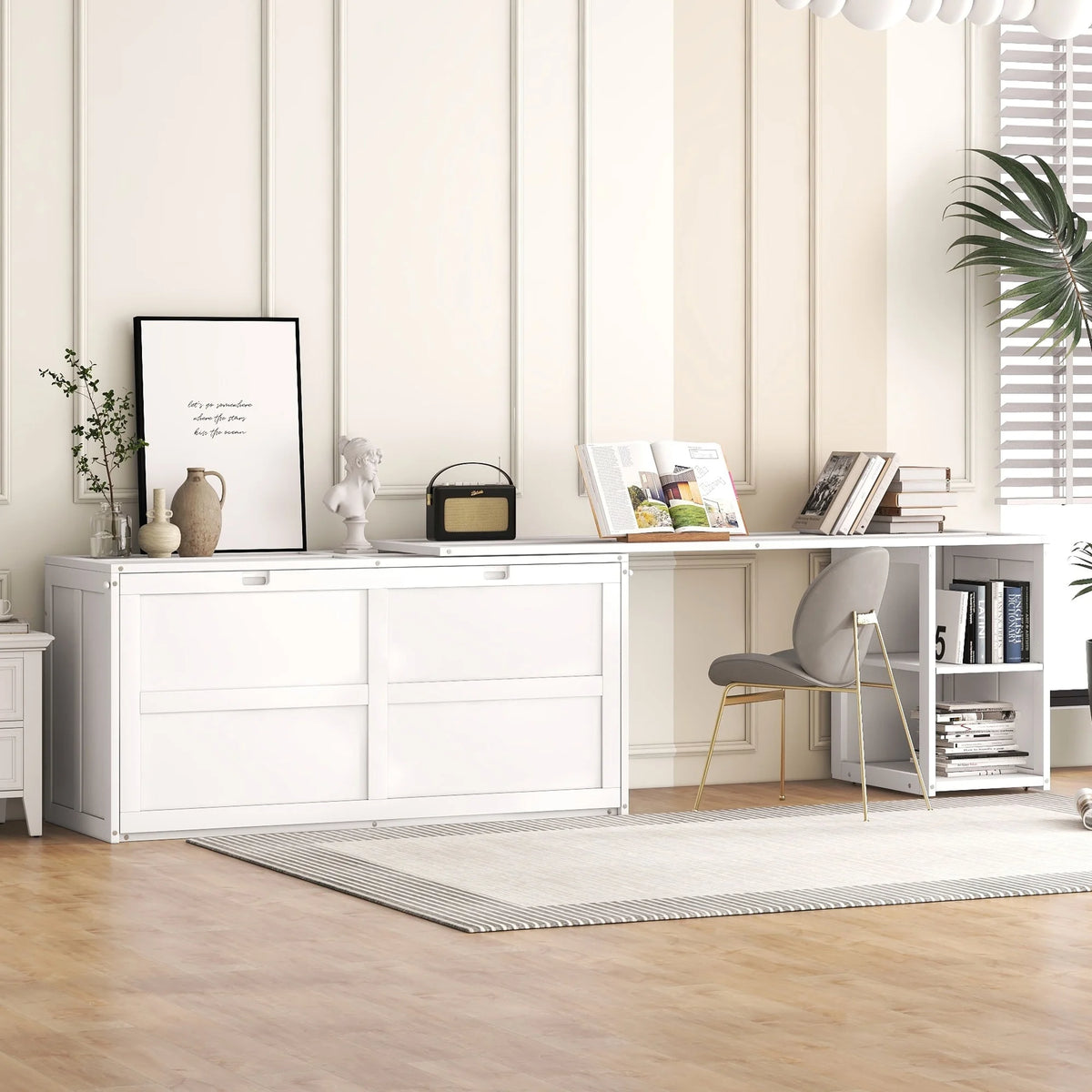White Queen Size Solid Pine Wood Murphy Bed with Desk and Storage Shelves L4324