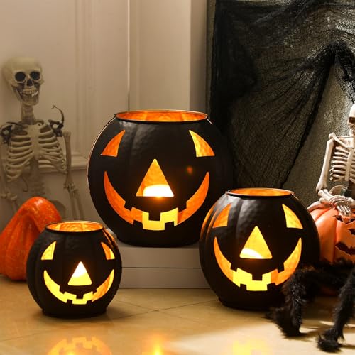 3 Pcs Metal Jack O Lanterns Pumpkin Set with LED Candles V6990