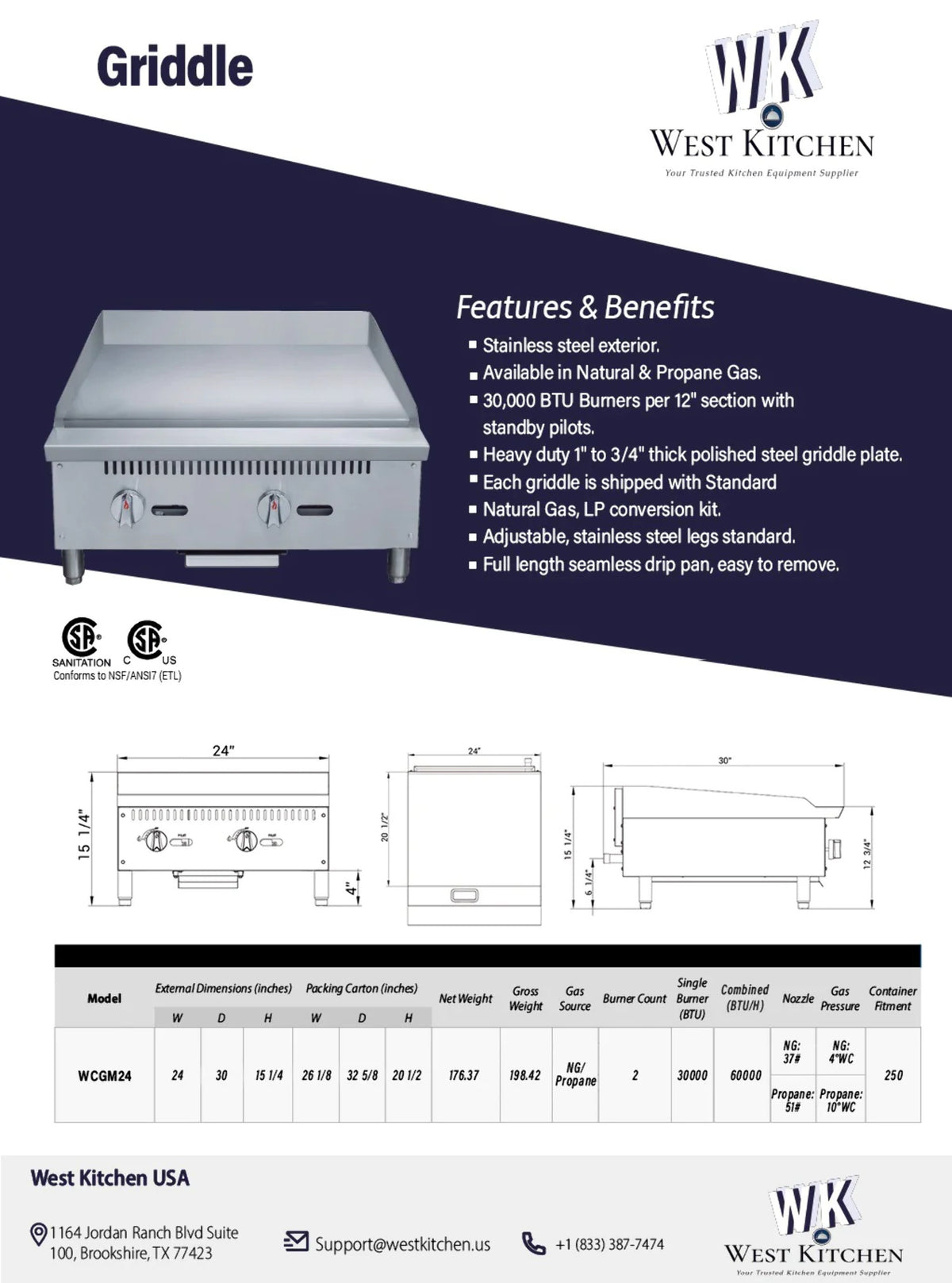 24 NG/LP Gas Manual Countertop Griddle C736
