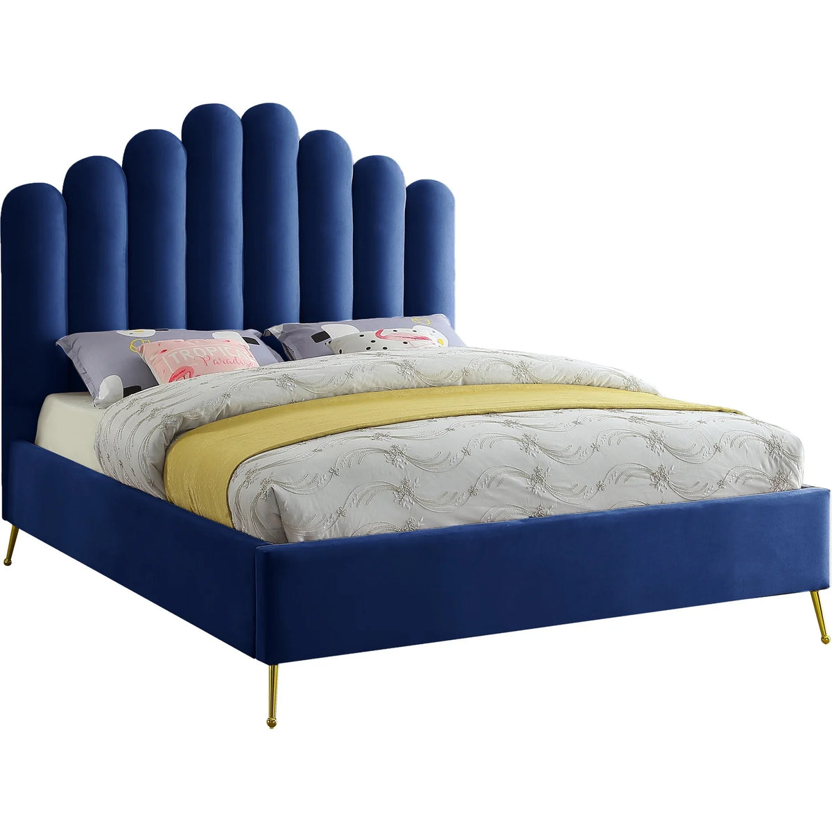 Velvet Upholstered Platform Bed with Gold Steel Legs Y57173
