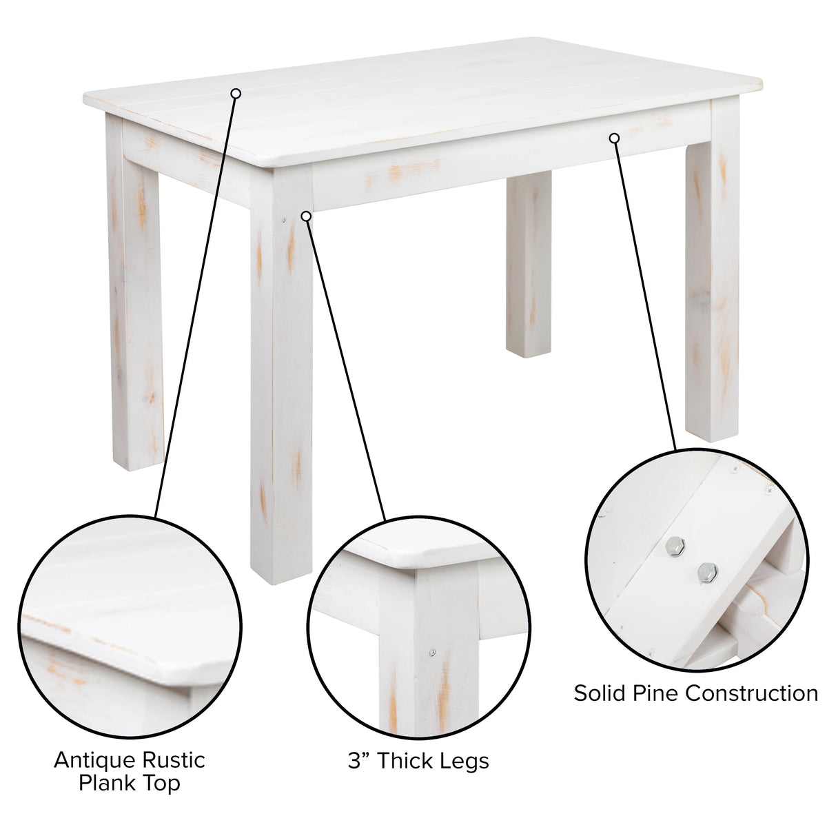 46" x 30" Rectangular Antique Rustic White Solid Pine Dining Table V730