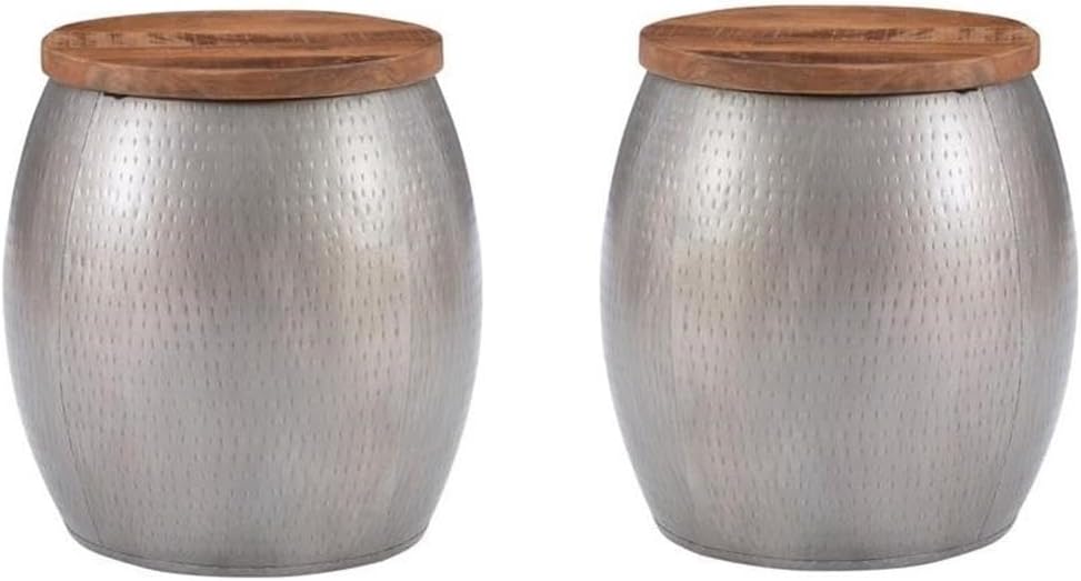 Set of 2 Metal and Wood Drum Side Table with Storage T612