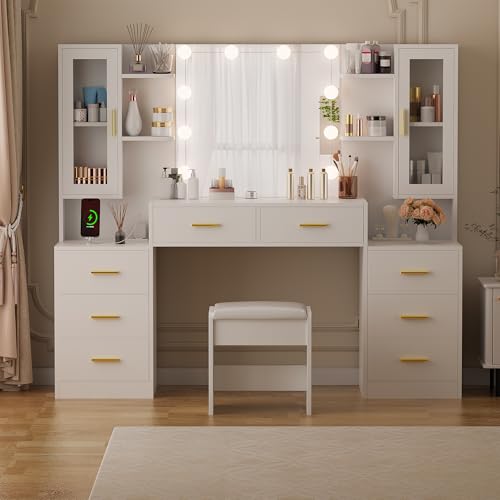 White Large Vanity Desk with Mirror and Lights 8 Drawers J969