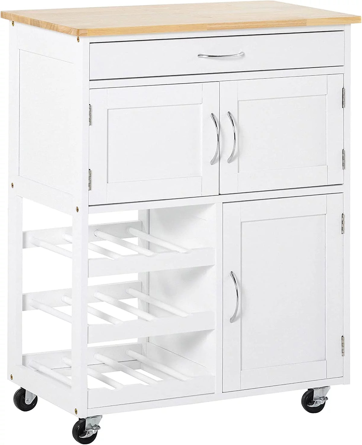 Rolling Kitchen Island with 9-Bottle Wine Rack and Drawer, White J4622
