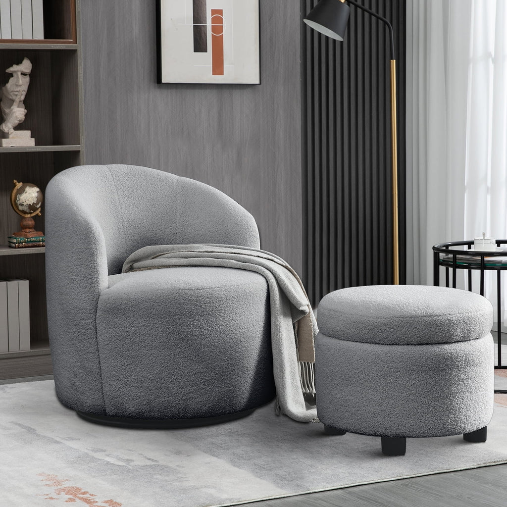 Grey Teddy Fabric Upholstered Swivel Barrel Chair with Storage Ottoman D474