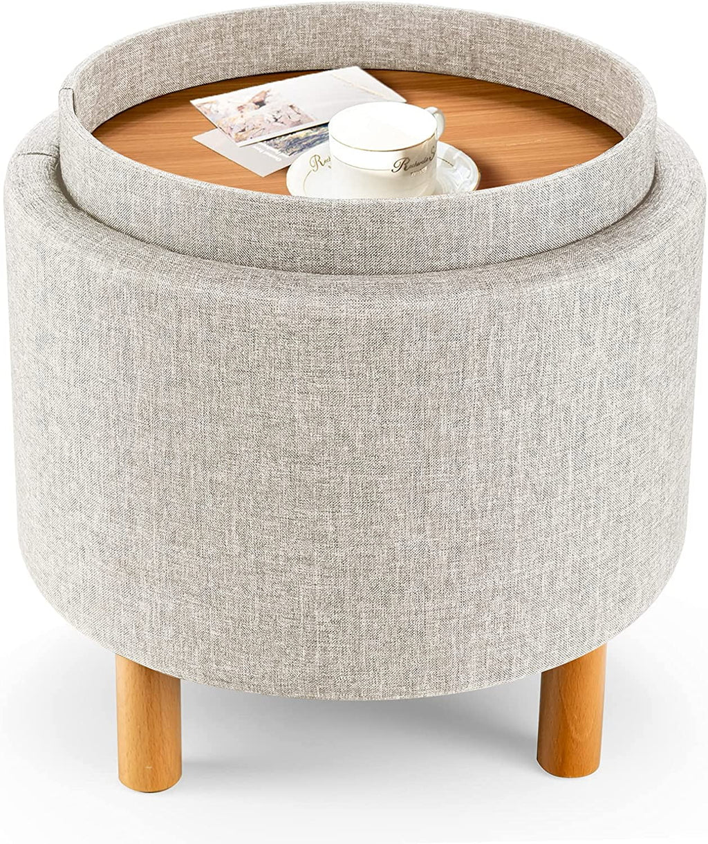 Beige Round Storage Ottoman with Tray K99048