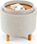 Beige Round Storage Ottoman with Tray K99048