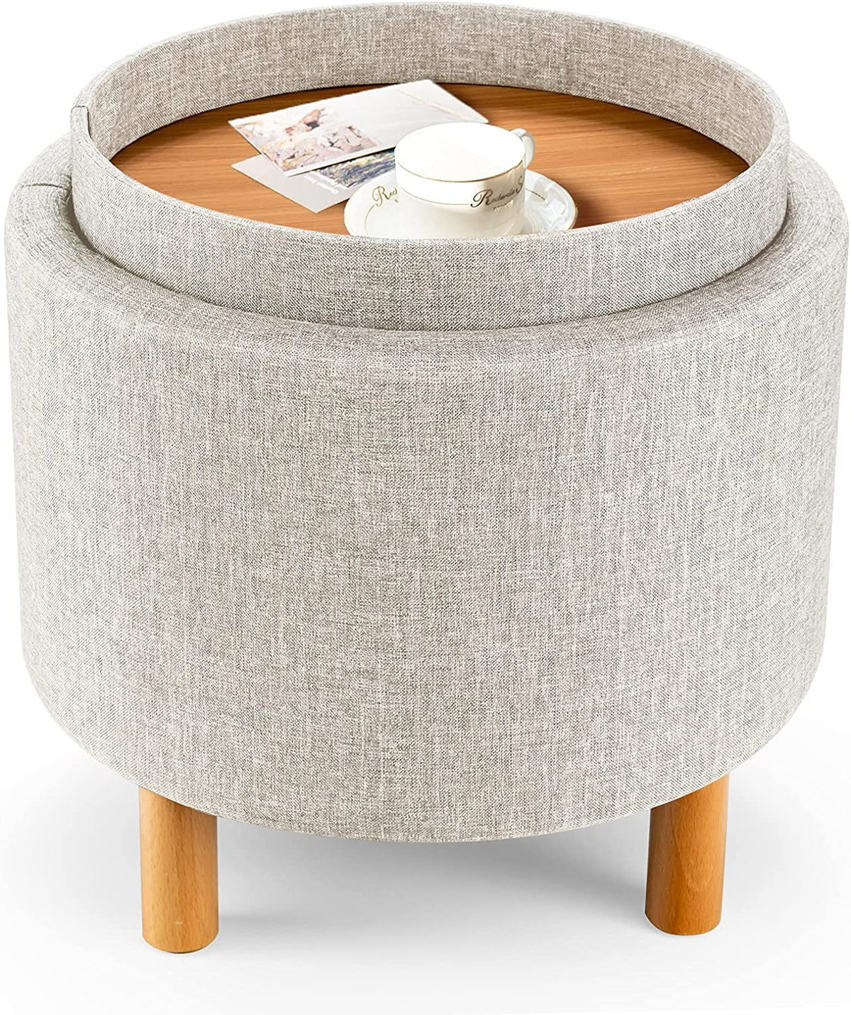 Beige Round Storage Ottoman with Tray K99048