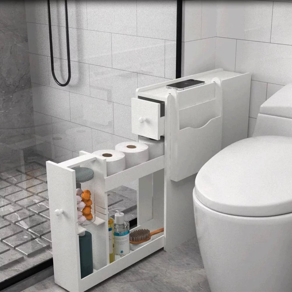 White Wood Slim Bathroom Storage Cabinet with Drawer U354