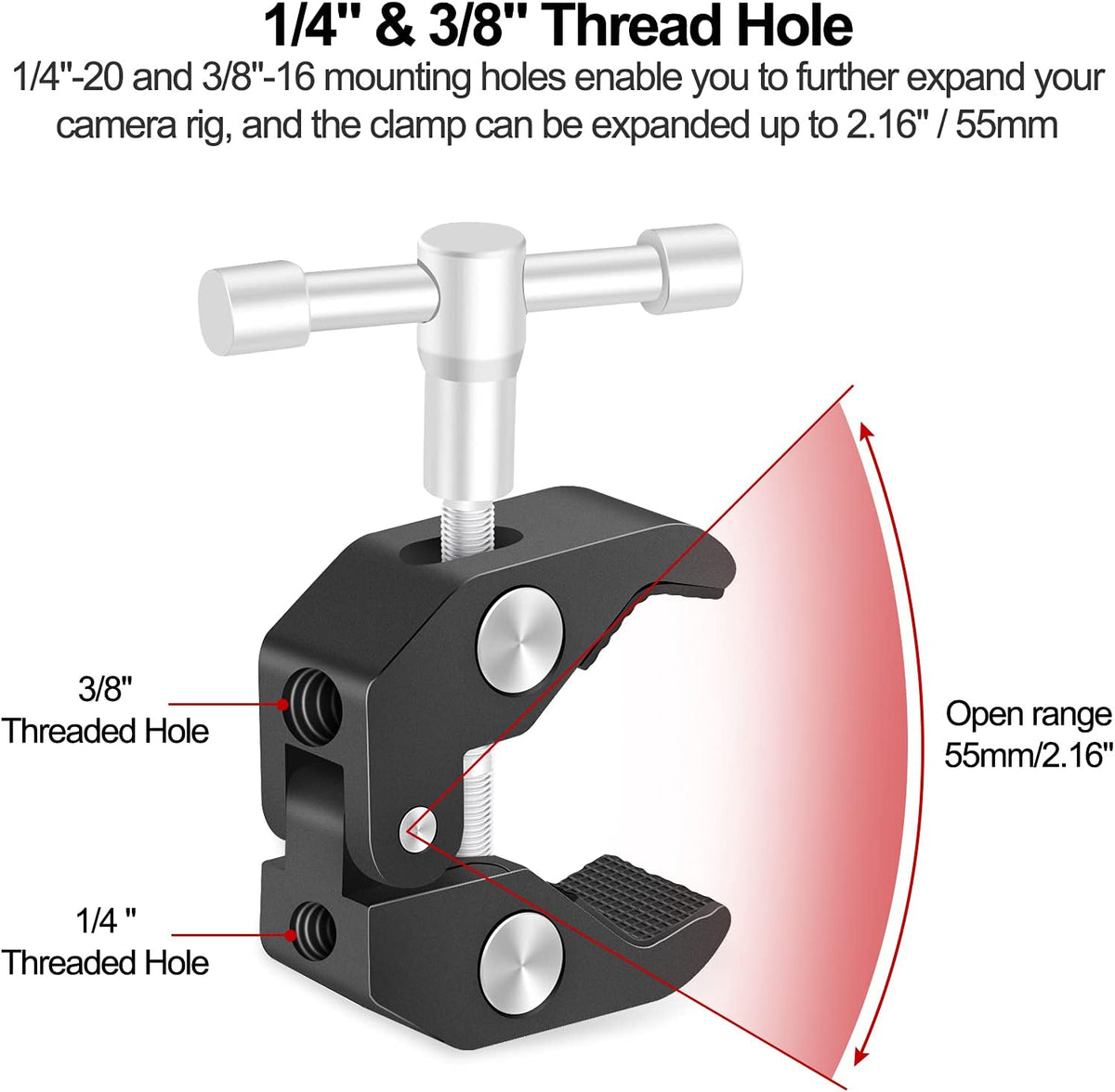 Camera Mount Clamp with 1/4 and 3/8 Thread Adjustable Articulating Arm E1869