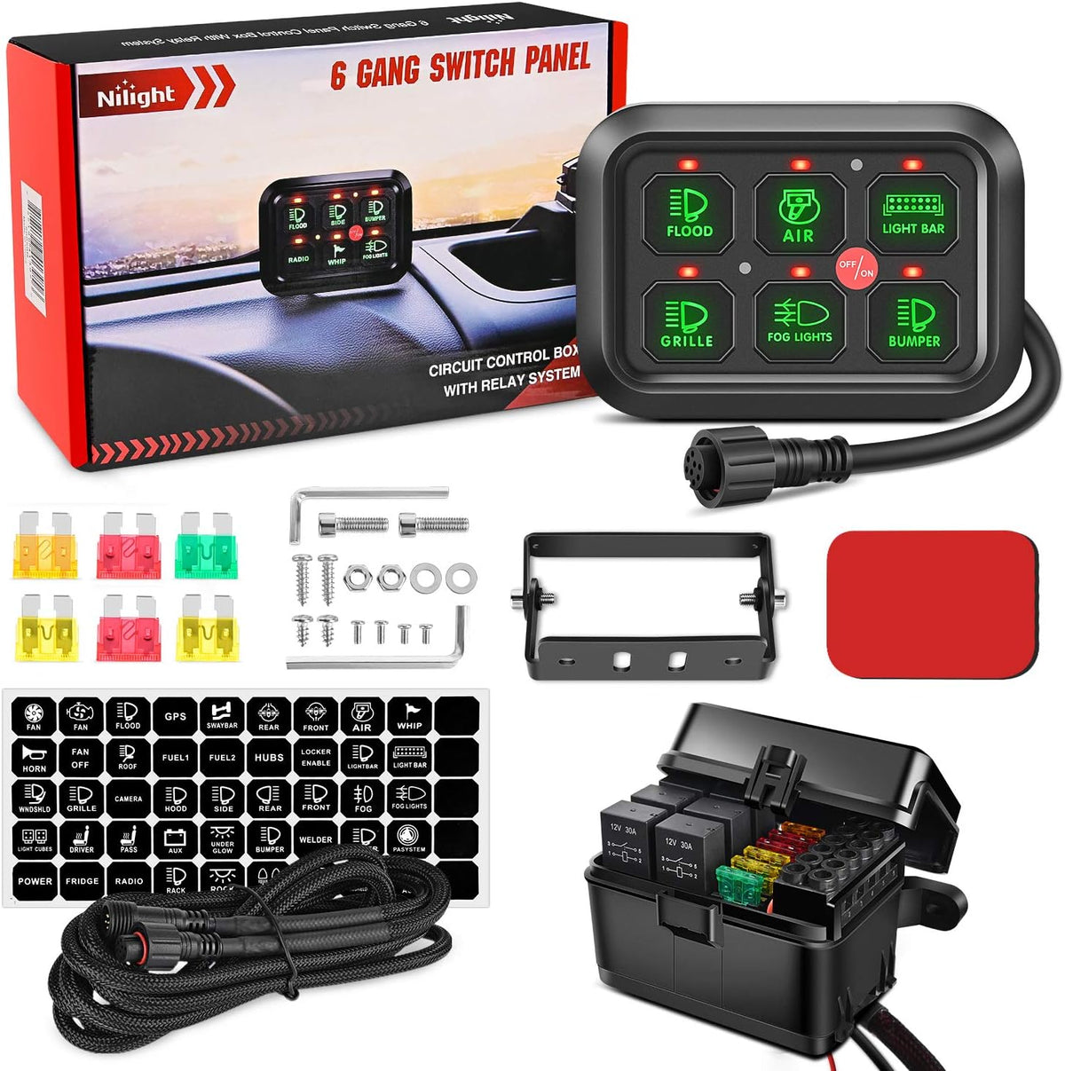 6 Gang Switch Panel Circuit Control Relay System with Fuse Wiring Harness Automatic Dimmable ON-Off LED Switch Pod D140527