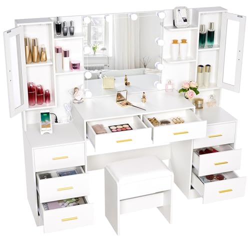 White Large Vanity Desk with Mirror and Lights 8 Drawers J969