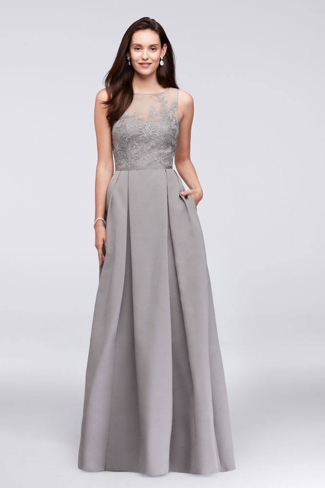 Silver Appliqued Illusion Faille Bridesmaid Dress T2248