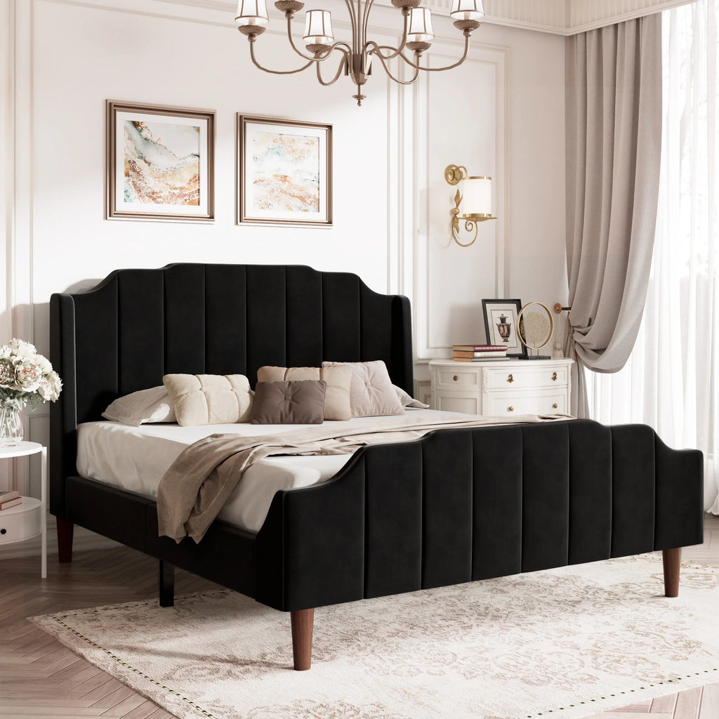 Queen Size Blue Velvet Upholstered Platform Bed Frame O2781