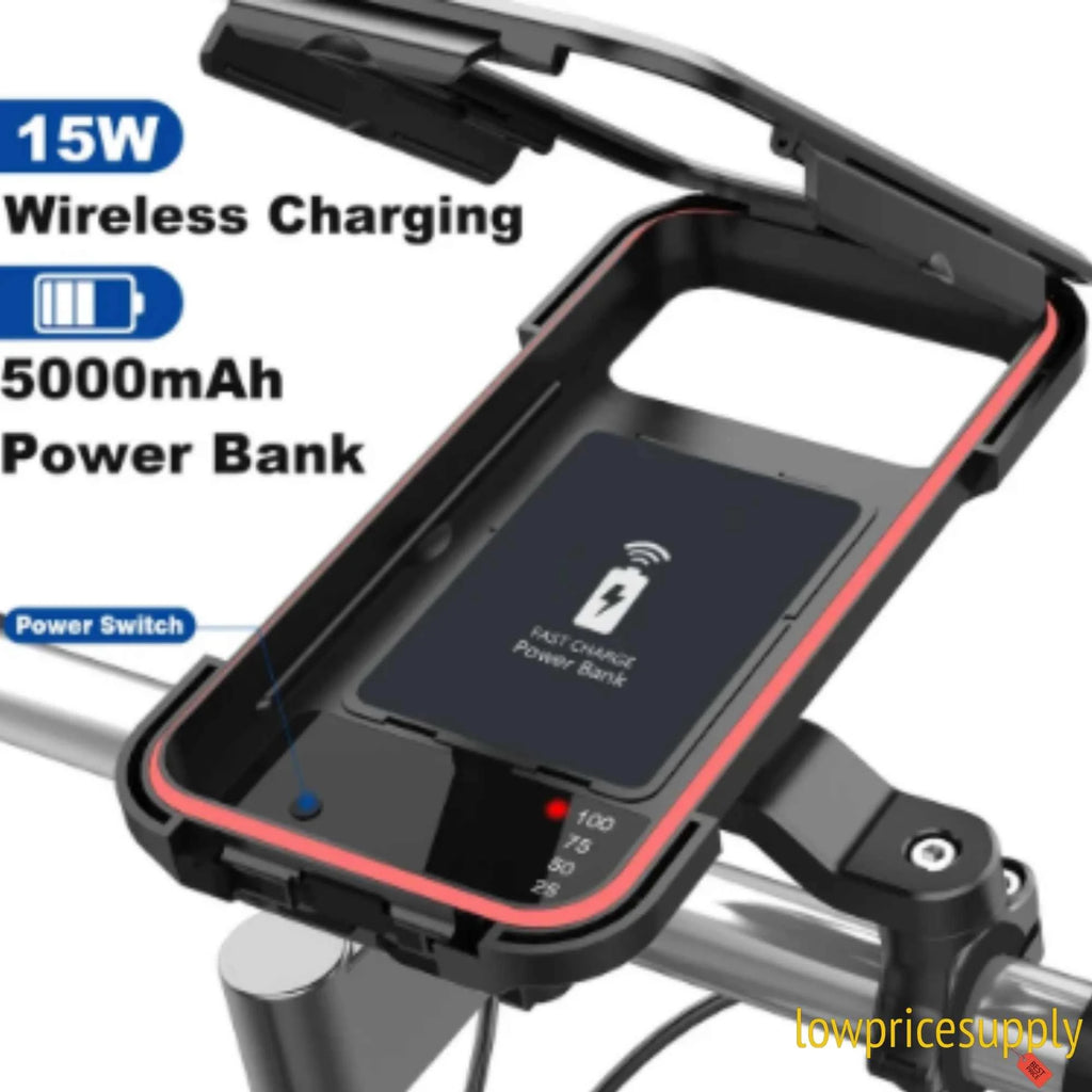 Motorcycle Phone Holder with 15W Wireless Charging and USB-C, 5000mAh Power Bank, ABS Plastic S448