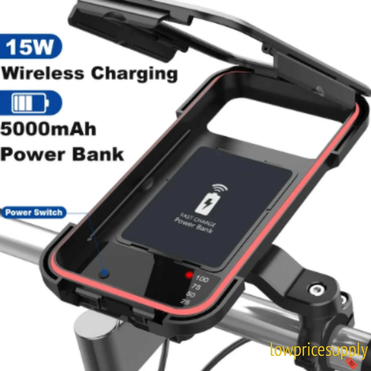 Motorcycle Phone Holder with 15W Wireless Charging and USB-C, 5000mAh Power Bank, ABS Plastic S448