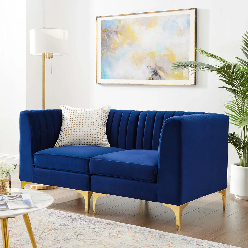 Blue Navy Velvet Tufted Loveseat Sofa V85620
