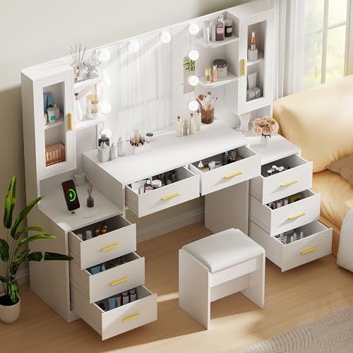 White Large Vanity Desk with Mirror and Lights 8 Drawers J969