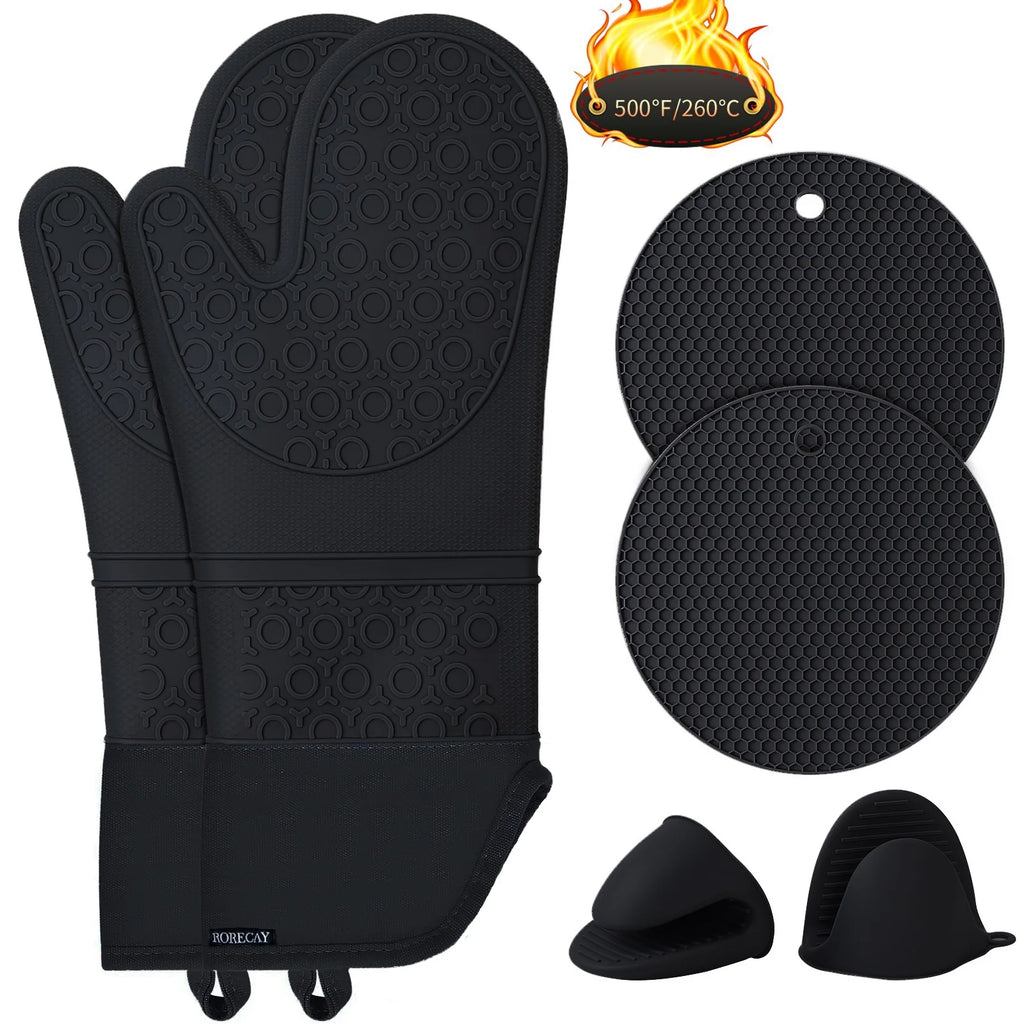 Extra Long Heat Resistant Silicone Oven Mitts and Pot Holders Set, Black, Pack of 6 F6462