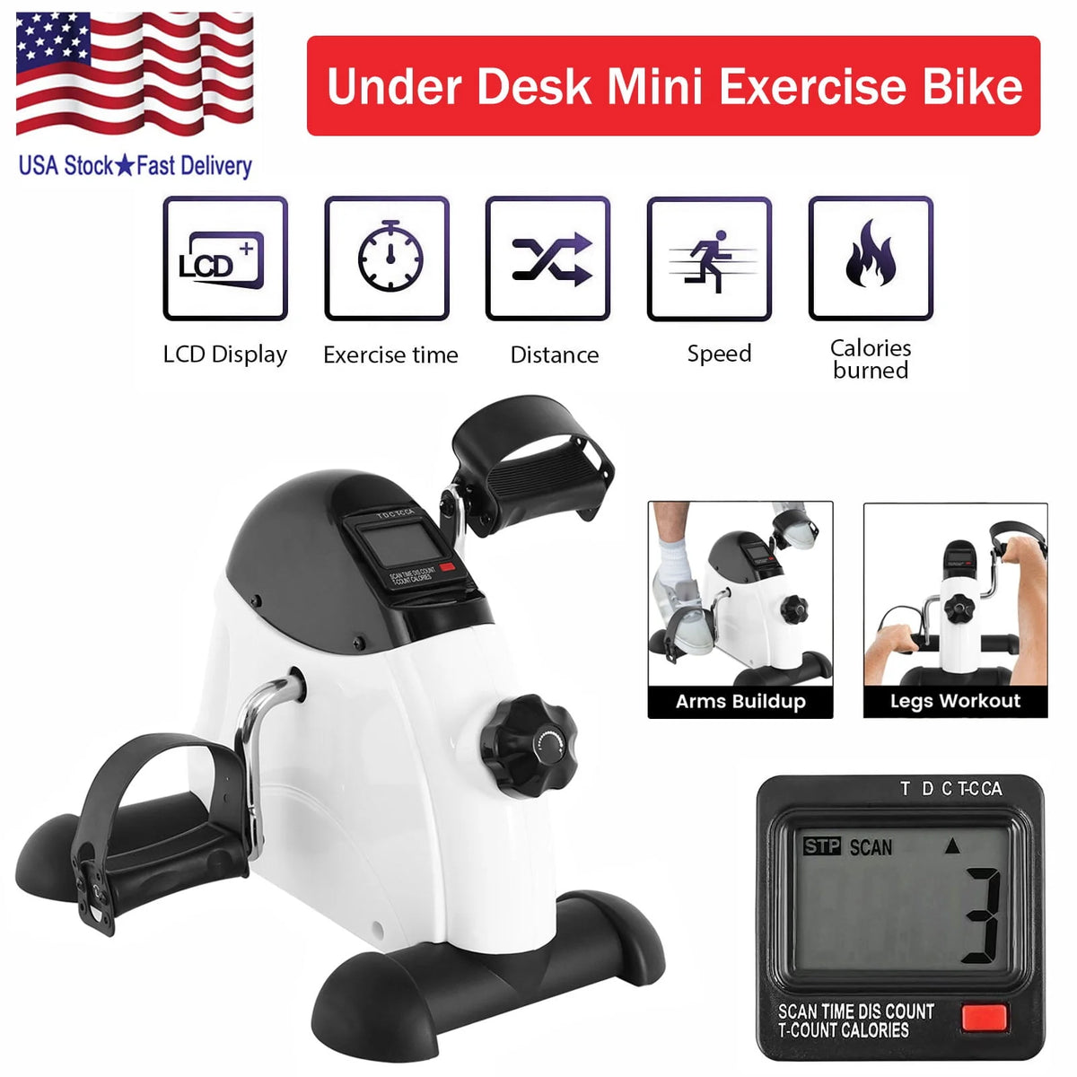 White Portable Under Desk Exercise Bike with LCD Screen V142