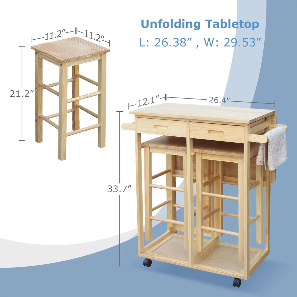 Drop Leaf Table, Rolling Kitchen Tables, Dining Table Set for 2, Natural V476981