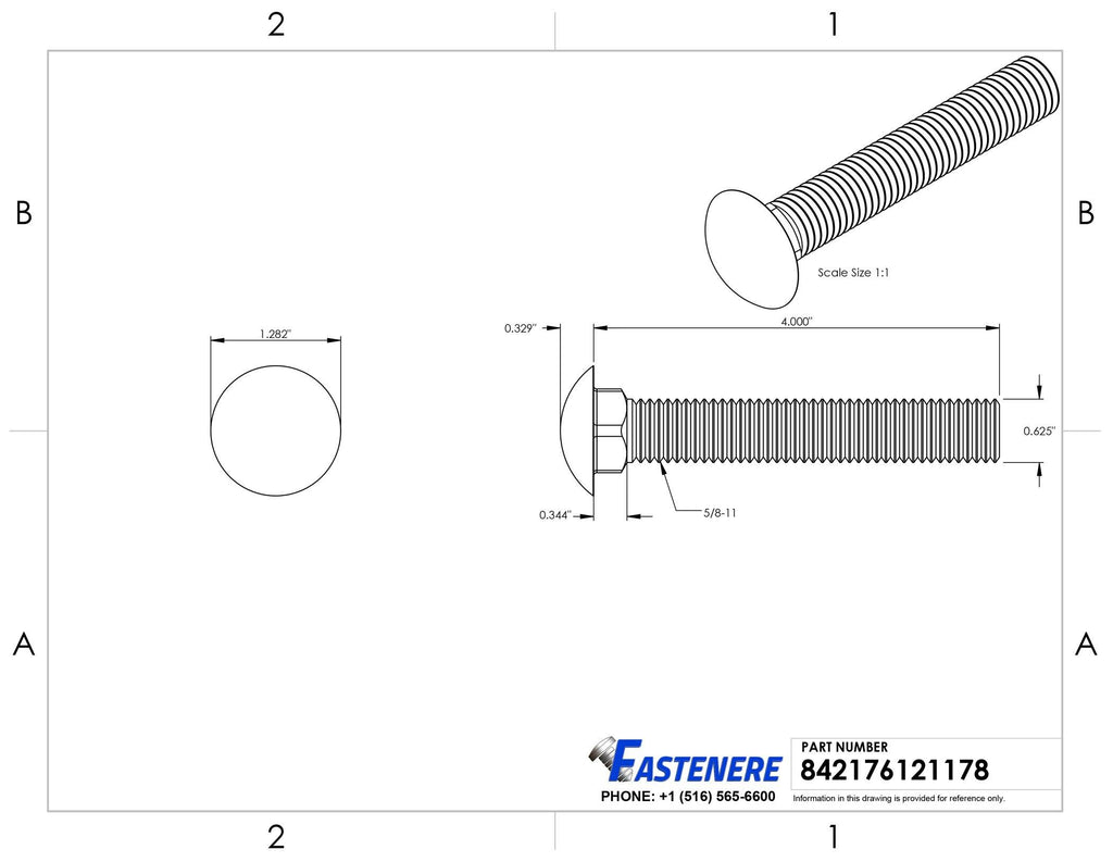 5/8-11 x 4x22 Stainless Steel Carriage Bolts Qty 5 K181345