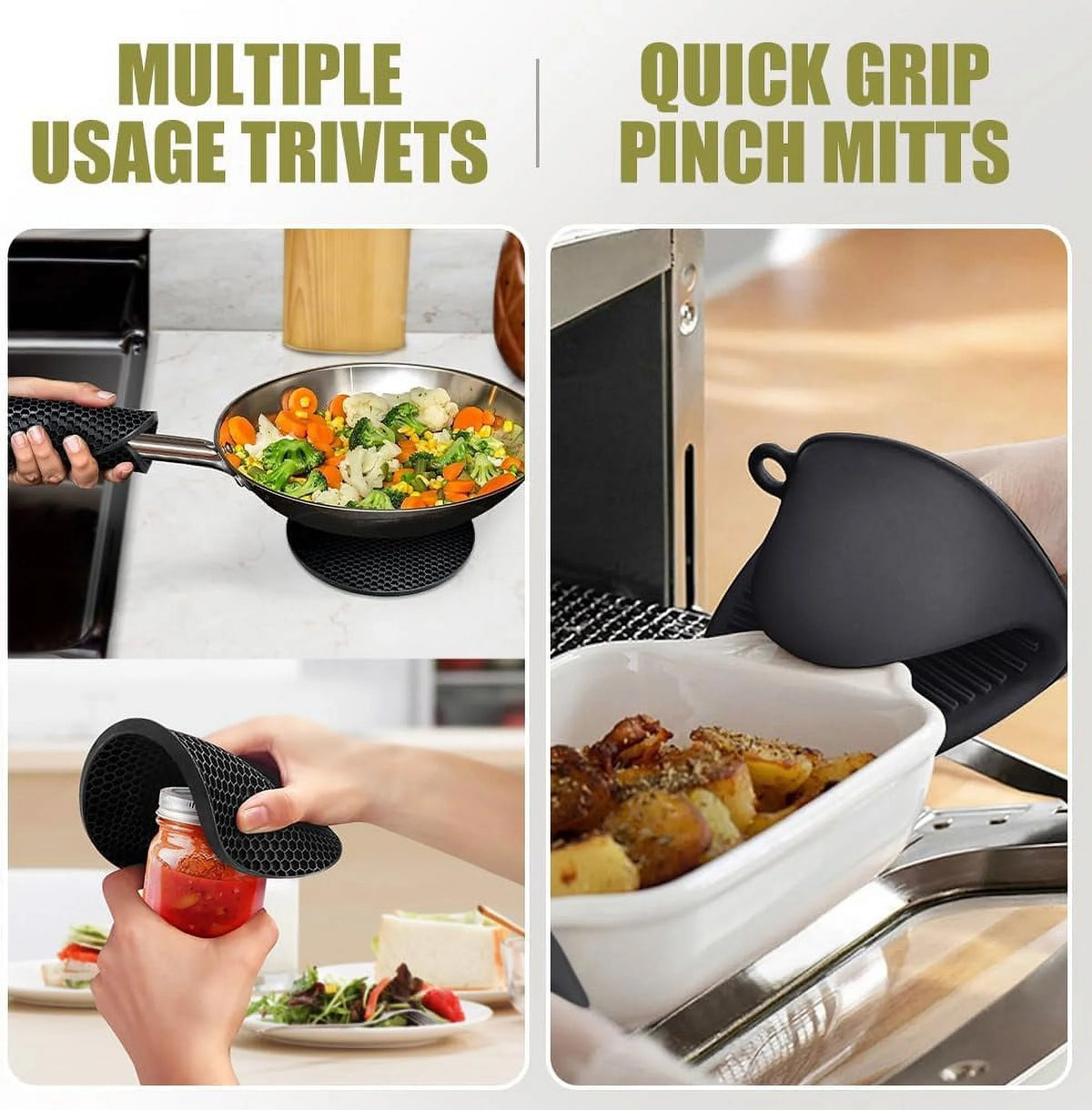 Extra Long Heat Resistant Silicone Oven Mitts and Pot Holders Set, Black, Pack of 6 F6462
