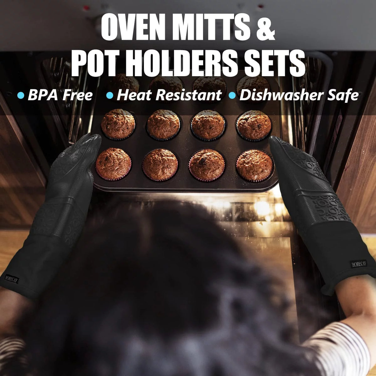 Extra Long Heat Resistant Silicone Oven Mitts and Pot Holders Set, Black, Pack of 6 F6462