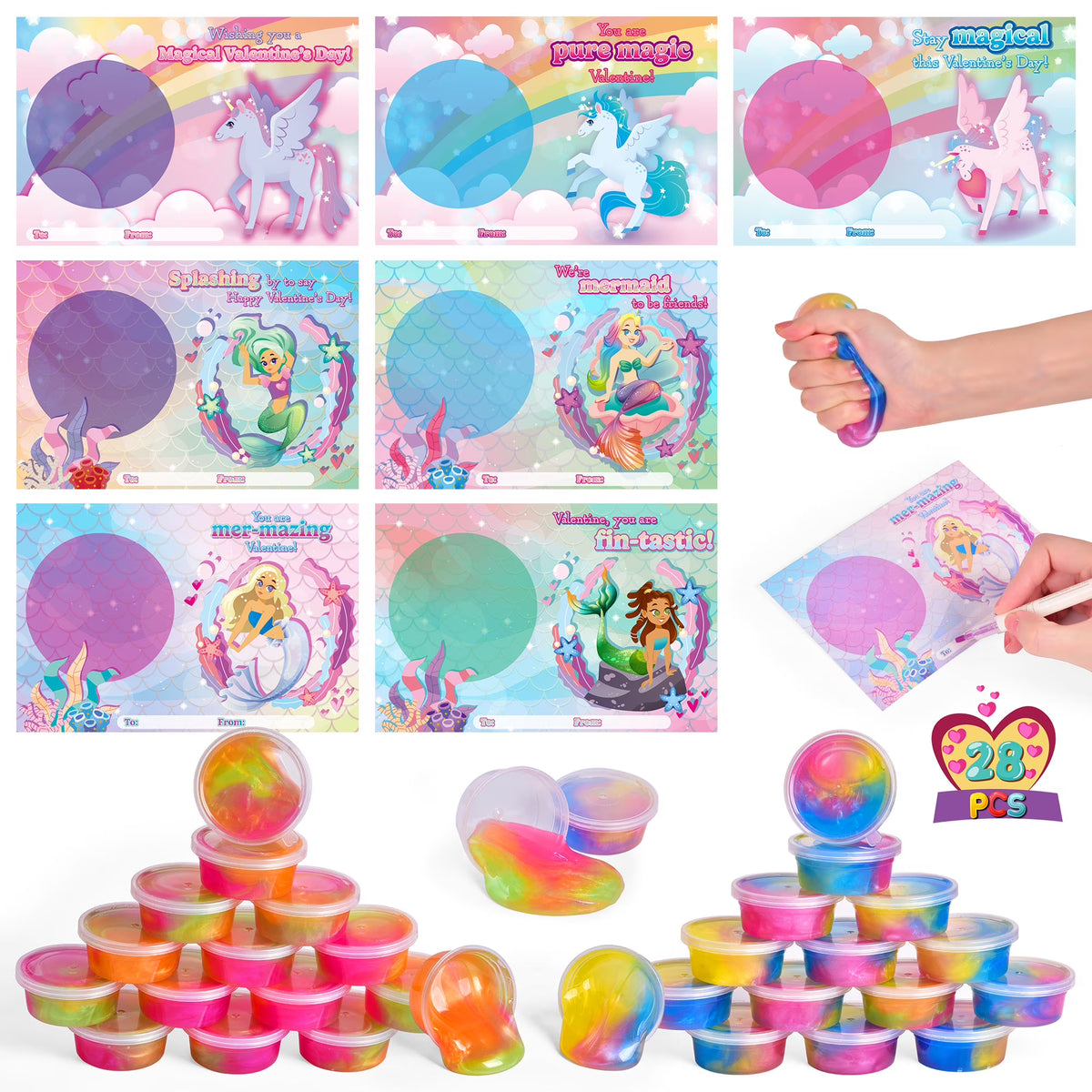 28Pcs Valentine Galaxy Slime with Mermaid and Unicorn Cards R115337