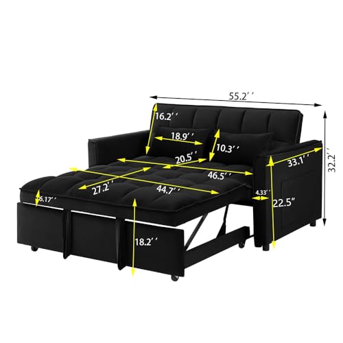 Blue Velvet Double Convertible Sofa Bed with Storage Bag and Pillow F994869